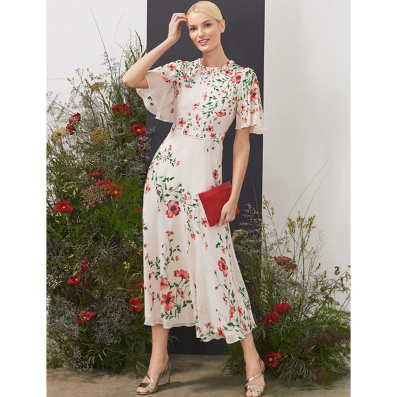 Hobbs Gianna Silk Dress Flutter Sleeve Midi Cream Red Floral NWT - Picture 1 of 10